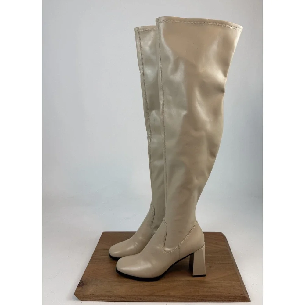 New Womens Open Edit Briar Cream Faux Leather Over The Knee Heeled Boots Size 9‎